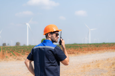 Engineer working in wind turbine farm with blue sky background