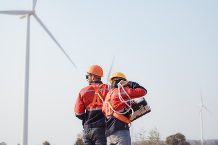 Engineer and technician discussing on the road with wind turbines in the backgroundの写真素材