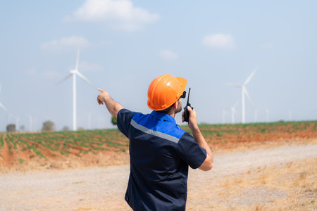 Engineer working in wind turbine farm with blue sky backgroundの写真素材