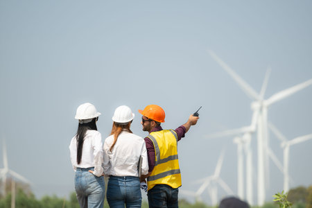 Back view of group engineers and architects on construction site with wind turbines in background