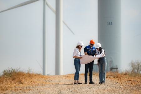 Team of engineers and architects working on wind turbines in a wind farmの写真素材