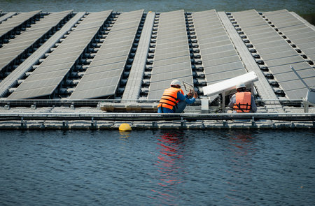 Both of technicians are currently evaluating and repairing the transmission terminals for electricity generated by solar energy in a floating solar power system.の写真素材