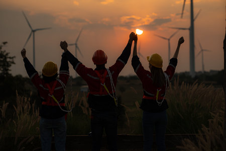 Silhouette of group engineers and windmills on the background of the setting sun