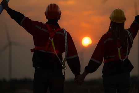 Silhouette of engineer and technician with a wind farm and sunset backgroundの写真素材