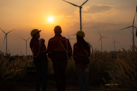 Silhouette of group engineers and windmills on the background of the setting sunの写真素材