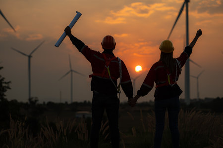 Silhouette of engineer and technician with a wind farm and sunset backgroundの写真素材