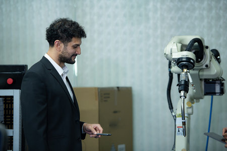 Businessman of factory industry inspection and testing of robots arm for use in large-scale complex...