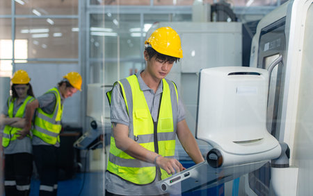 Portrait of young male factory worker wearing a hard hat looking at a computer screen used to...