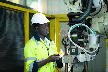 Portrait of a technician working with a digital multimeter to test the electrical system of a huge...