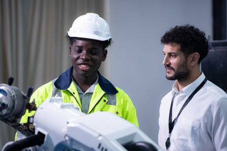 Businessperson of factory industry inspection and testing of robots arm for use in large-scale...