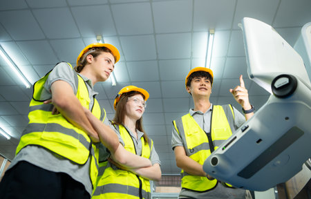 Both of  young factory worker wearing a hard hat looking at a computer screen used to control production.の写真素材