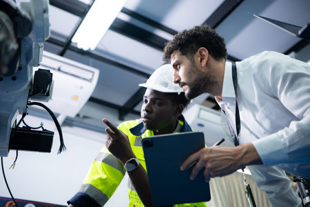 Technicians are introducing industrial hand robots to businessperson of factory industry who will...
