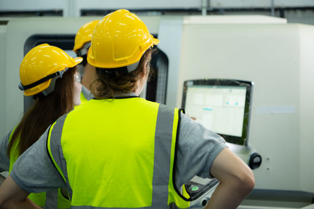 Back view of group young factory worker wearing a hard hat looking at a computer screen used to control production.の写真素材