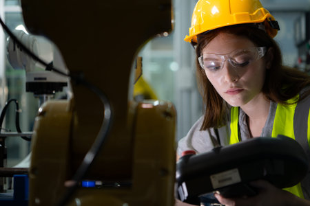 Female technician who maintains a small robot arm the operation of a small robot arm used in...