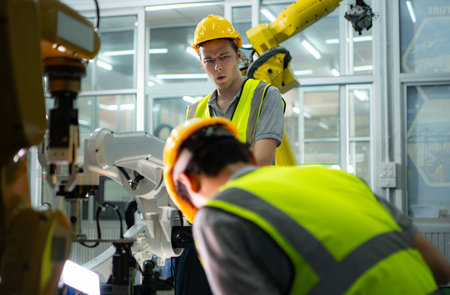 A technician suffers a hand accident while working with a robot arm in a factory with co-workers...