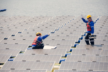 Photovoltaic engineers work on floating photovoltaics. Inspect and repair the solar panel equipment floating on the water.の写真素材