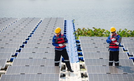 Photovoltaic engineers work on floating photovoltaics. Inspect and repair the solar panel equipment...