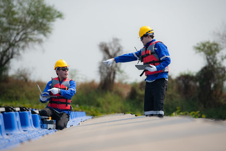 Photovoltaic engineers work on floating photovoltaics. Inspect and repair the solar panel equipment...