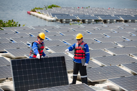 Photovoltaic engineers work on floating photovoltaics. Inspect and repair the solar panel equipment...