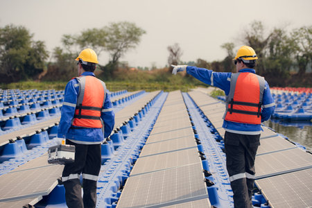 Photovoltaic engineers work on floating photovoltaics. Inspect and repair the solar panel equipment floating on the water.の写真素材