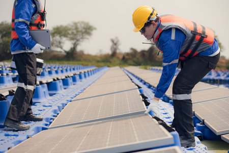 Photovoltaic engineers work on floating photovoltaics. Inspect and repair the solar panel equipment floating on the water.の写真素材