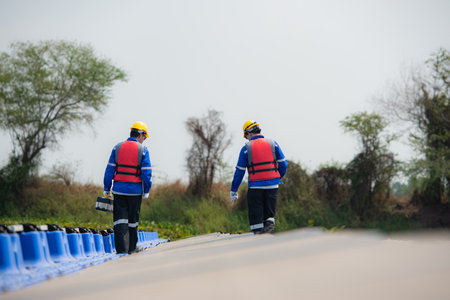 Photovoltaic engineers work on floating photovoltaics. Inspect and repair the solar panel equipment floating on the water.の写真素材