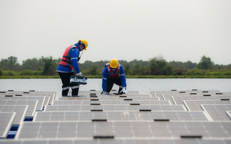 Photovoltaic engineers work on floating photovoltaics. Inspect and repair the solar panel equipment floating on the water.の写真素材
