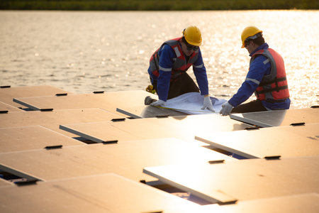 Photovoltaic engineers work on floating photovoltaics. Inspect and repair the solar panel equipment...