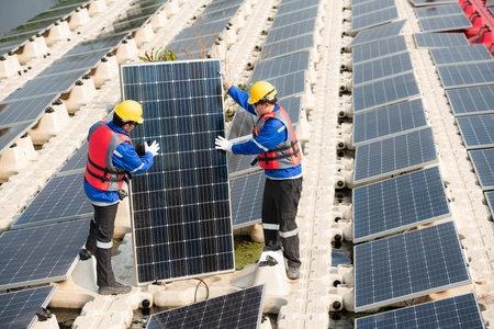 Photovoltaic engineers work on floating photovoltaics. Inspect and repair the solar panel equipment...