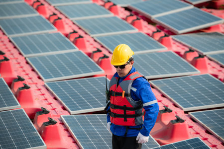 Photovoltaic engineers work on floating photovoltaics. Inspect and repair the solar panel equipment...