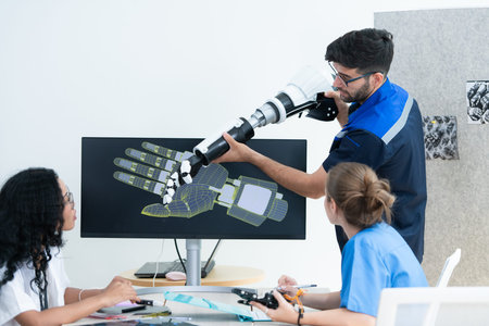 Engineers, doctors and physical therapists brainstorm ideas to design a robot with arm and hand...