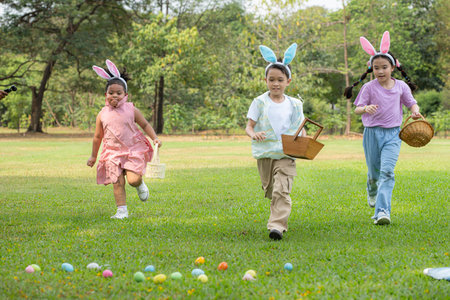 Children enjoying outdoor activities in the park including a run to collect beautiful Easter eggs.