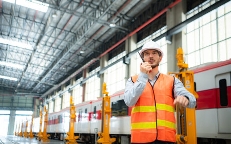 Portrait of a young male technician using a walkie talkie working and standing in a skytrain repair...