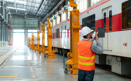Portrait of a young male technician using a tablet working and standing in a skytrain repair station.の写真素材