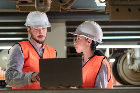 Male and female engineers work together in an electric repair station. Inspecting the undercarriage...