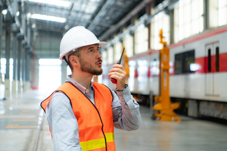 Portrait of a young male technician using a walkie talkie working and standing in a skytrain repair...