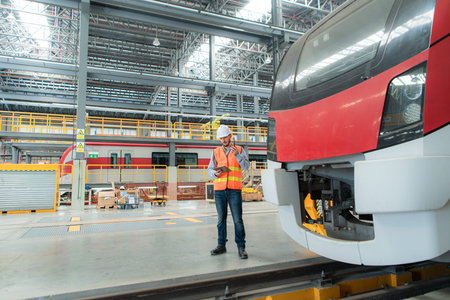 Portrait of a young male technician using a tablet working and standing in a skytrain repair...
