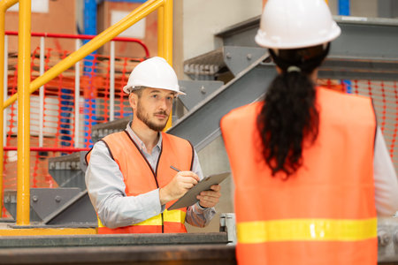 Male and female engineers work together in an electric repair station. Inspect head of electric...