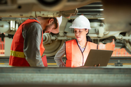 Male and female engineers work together in an electric repair station. Inspecting the undercarriage...