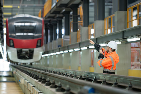 Portrait of a young male technician using a walkie talkie working and standing in a skytrain repair station.の写真素材