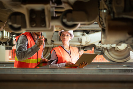 Male and female engineers work together in an electric repair station. Inspecting the undercarriage...