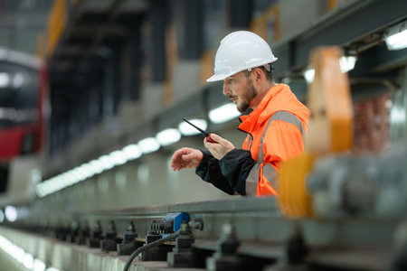 Portrait of a young male technician using a walkie talkie working and standing in a skytrain repair...