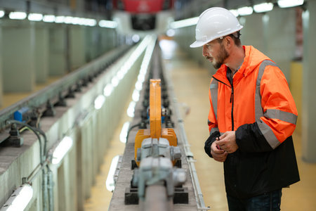 Portrait of a young male technician using a walkie talkie working and standing in a skytrain repair...