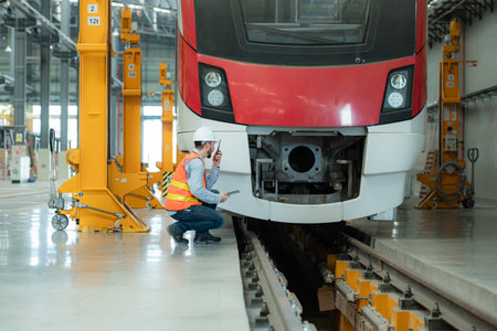 Portrait of a young male technician using a tablet working and standing in a skytrain repair station.の写真素材