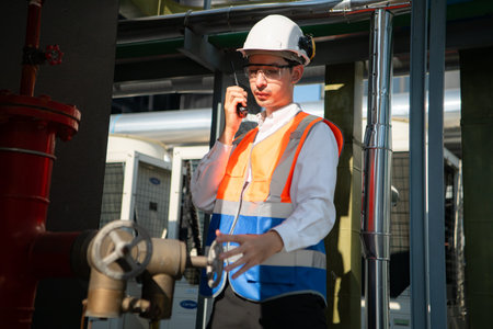 Engineers inspect the completed water systems to continue verifying their functionality.の写真素材