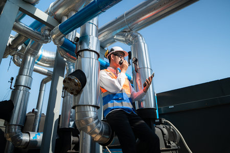 Engineers inspect the completed air conditioning and water systems to continue verifying their functionality.の写真素材