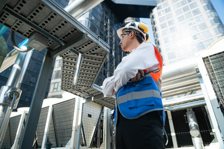 Engineers inspect the completed air conditioning and water systems to continue verifying their functionality.の写真素材