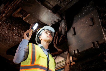 Portrait of railway technician worker in safety vest and helmet working with blueprint at train...