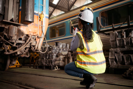 Portrait of railway technician worker in safety vest and helmet working with blueprint at train...