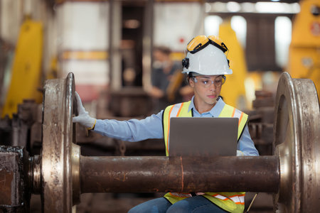 Railway technician in uniform and helmet inspect the train wheels removed from the locomotives in...